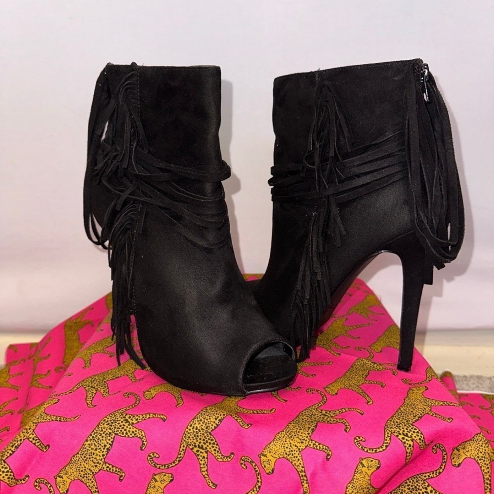 Black Fringe Peep-Toe Heeled Boots Booties Stilettos Punk